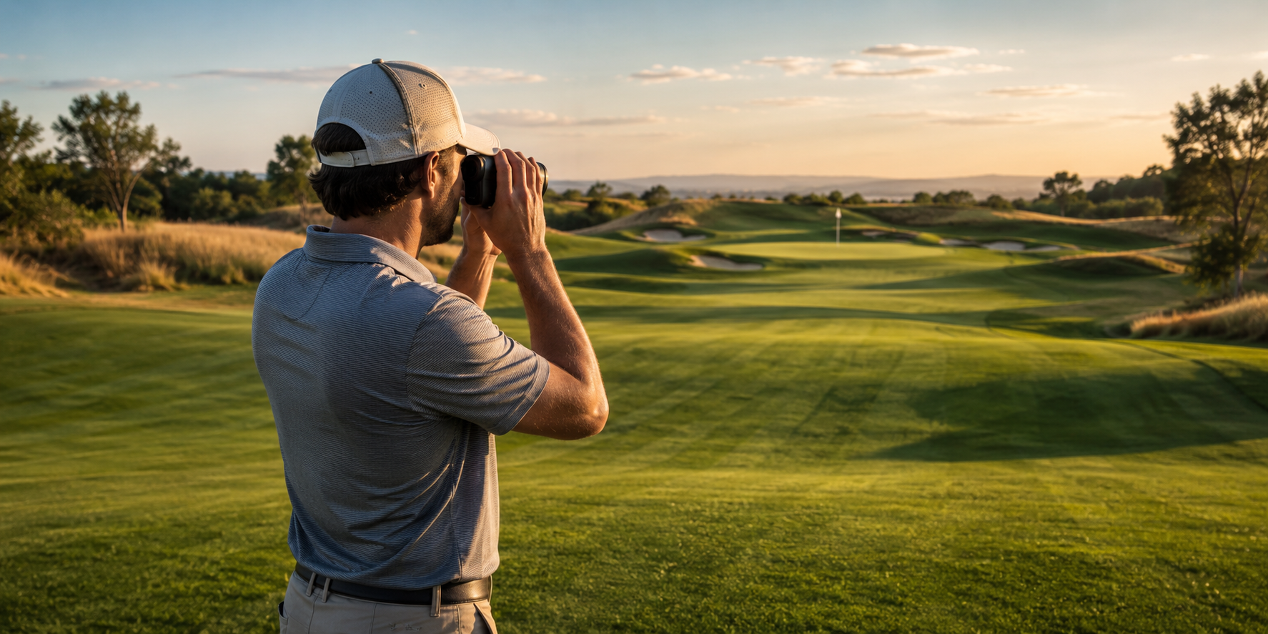 Golfer using a laser rangefinder toward a distant flag on a long golf hole.