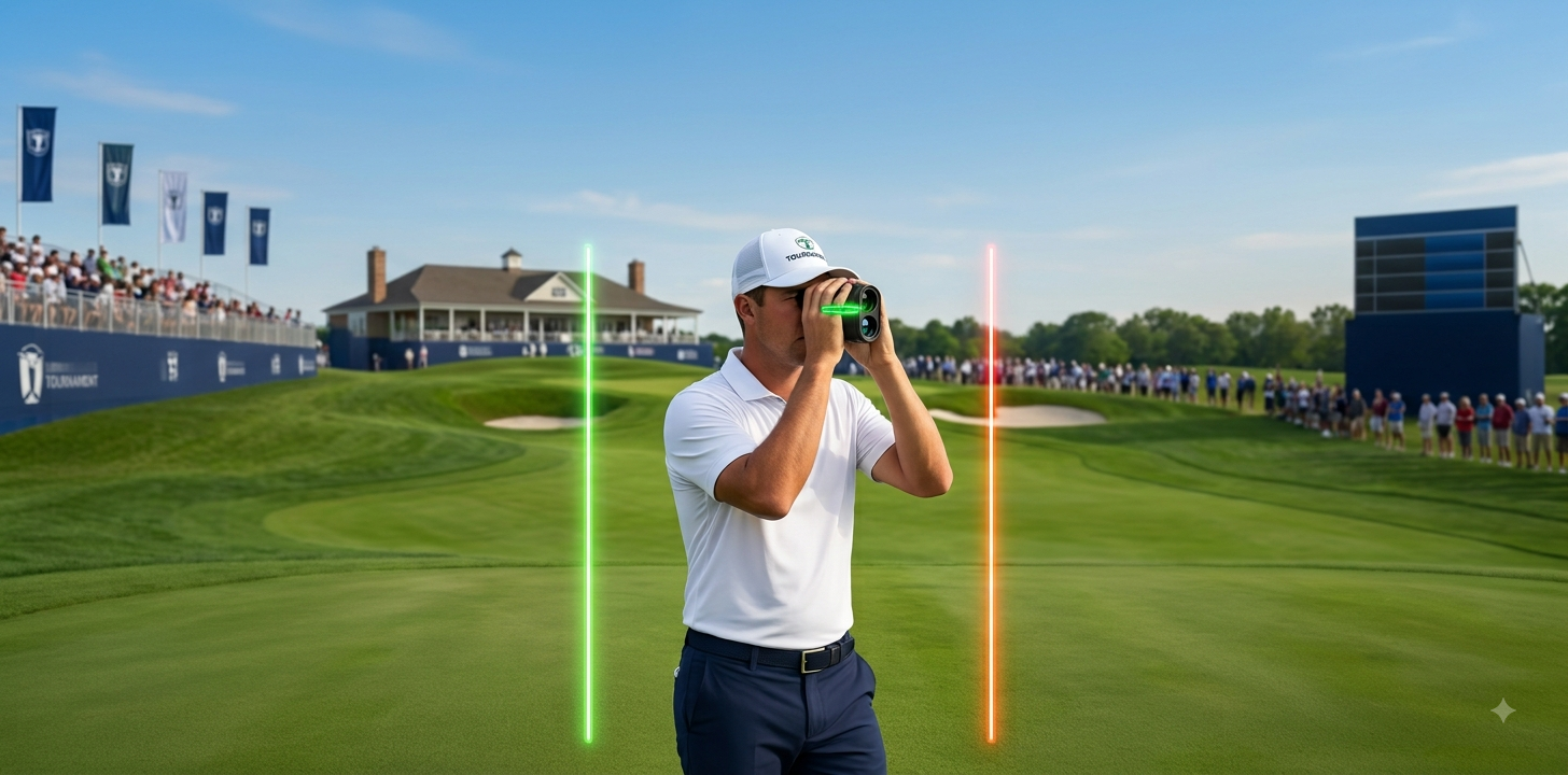 man using rangefinder at the golf course