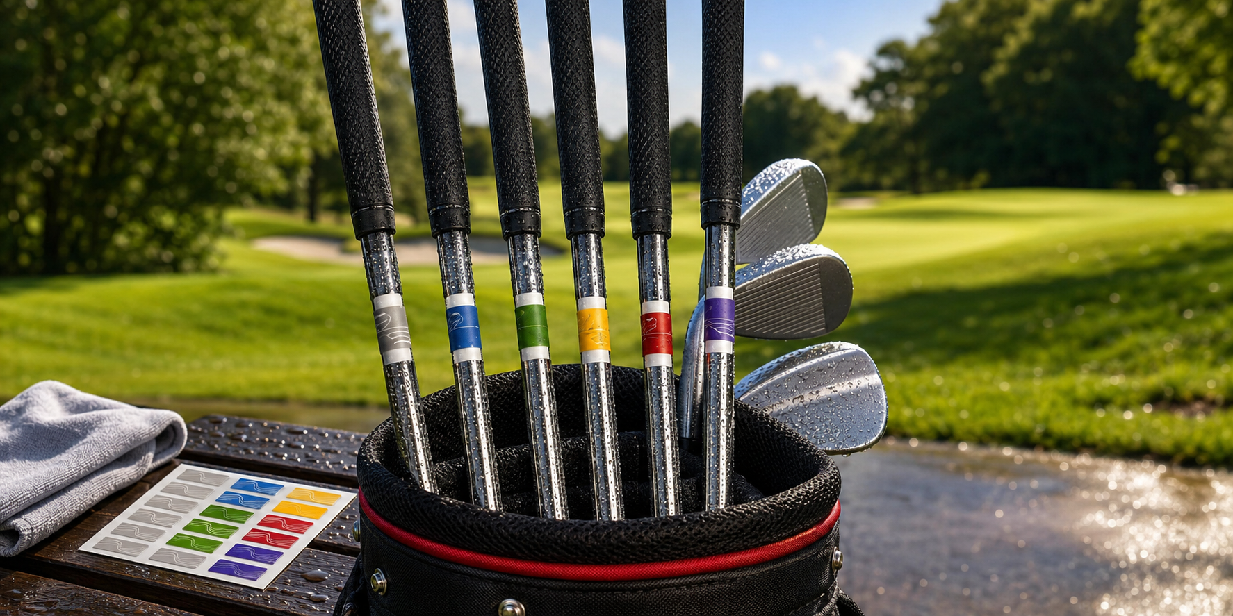 Waterproof identification labels on wet golf club shafts in a golf bag beside a blank label sheet.