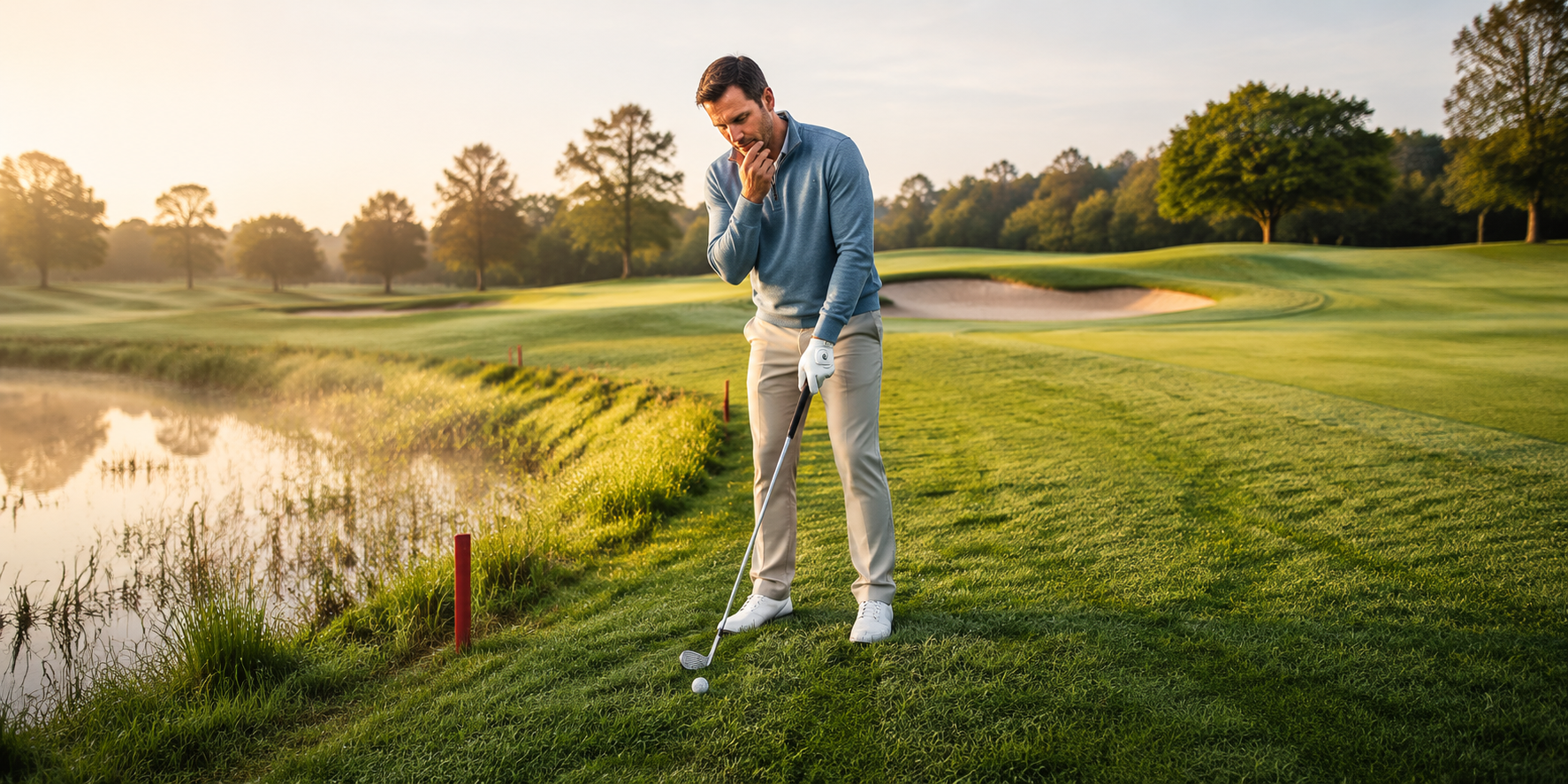 beginner golfer pondering by the water