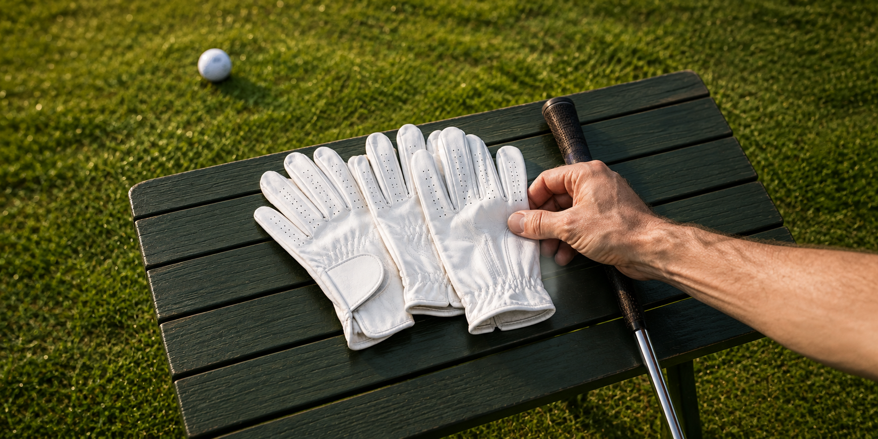 Four unbranded white leather golf gloves arranged on a green bench beside a golf club.