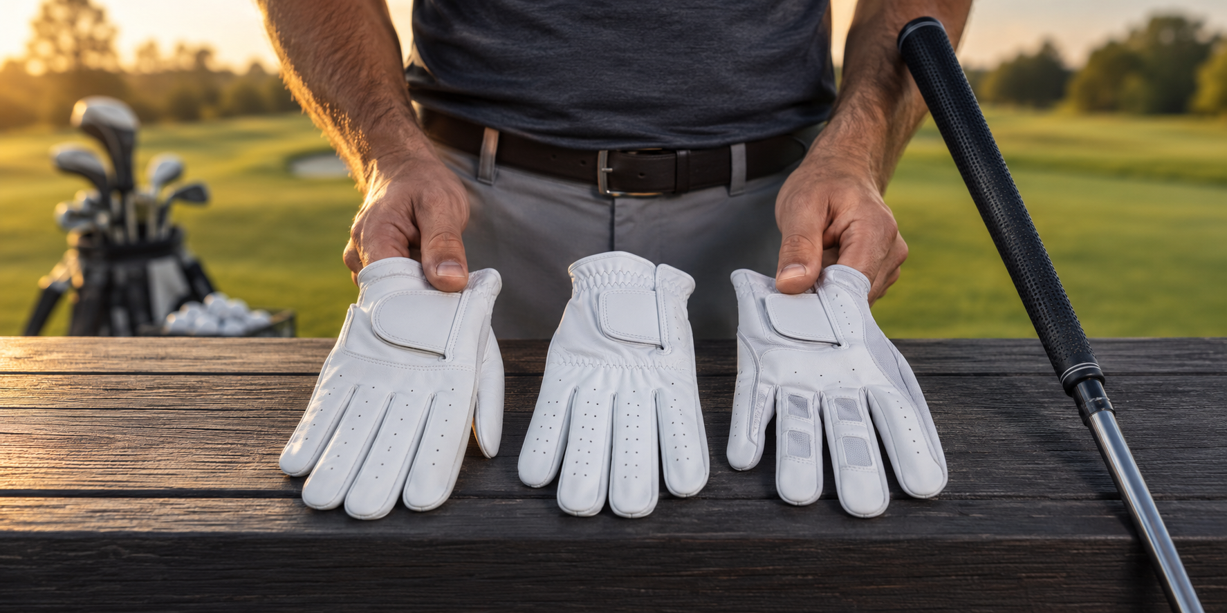 Golfer comparing three white Cabretta leather golf gloves with different stitching and flexible-panel designs.