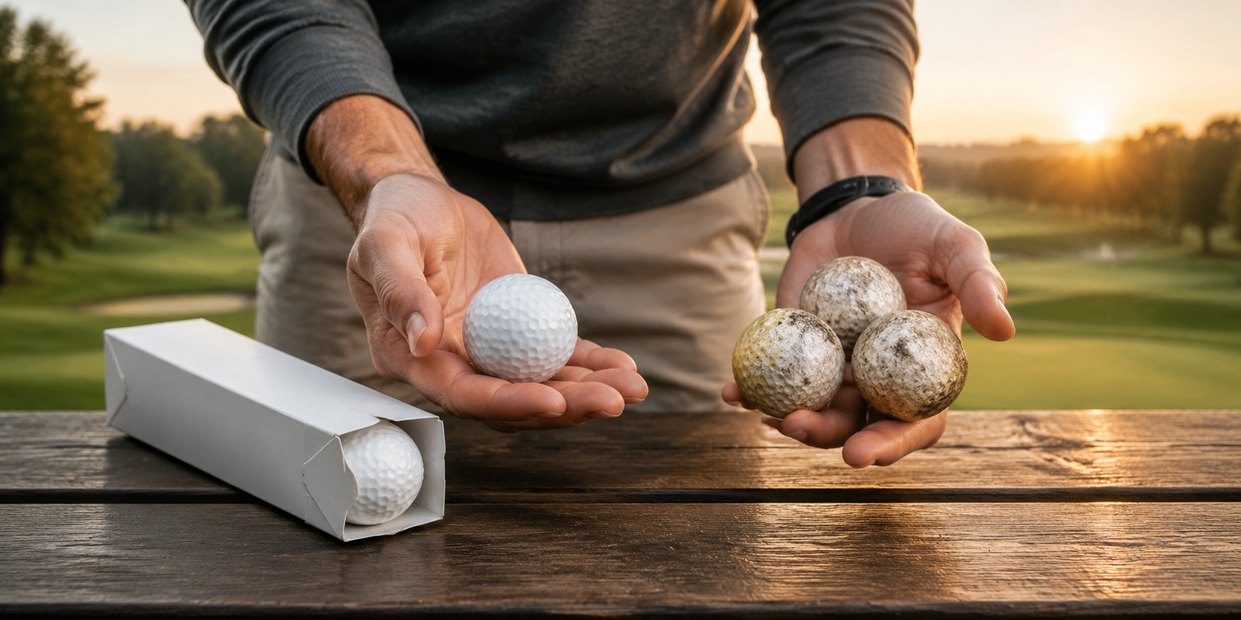 Golfer comparing a pristine new golf ball with several worn and dirty used golf balls at a course.