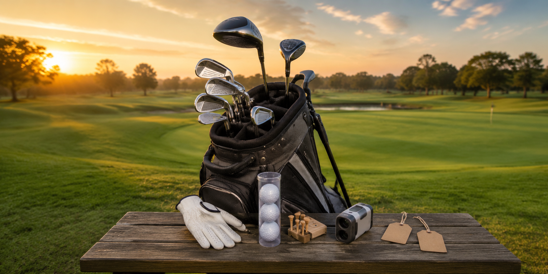 Budget golf bag with clubs, glove, golf balls, tees and a rangefinder arranged on a bench at sunrise.