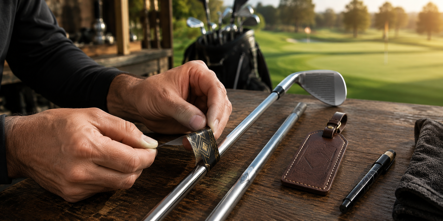 Golf club shafts with an ID label and engraved symbol beside a leather bag tag and black marker on a wooden bench.