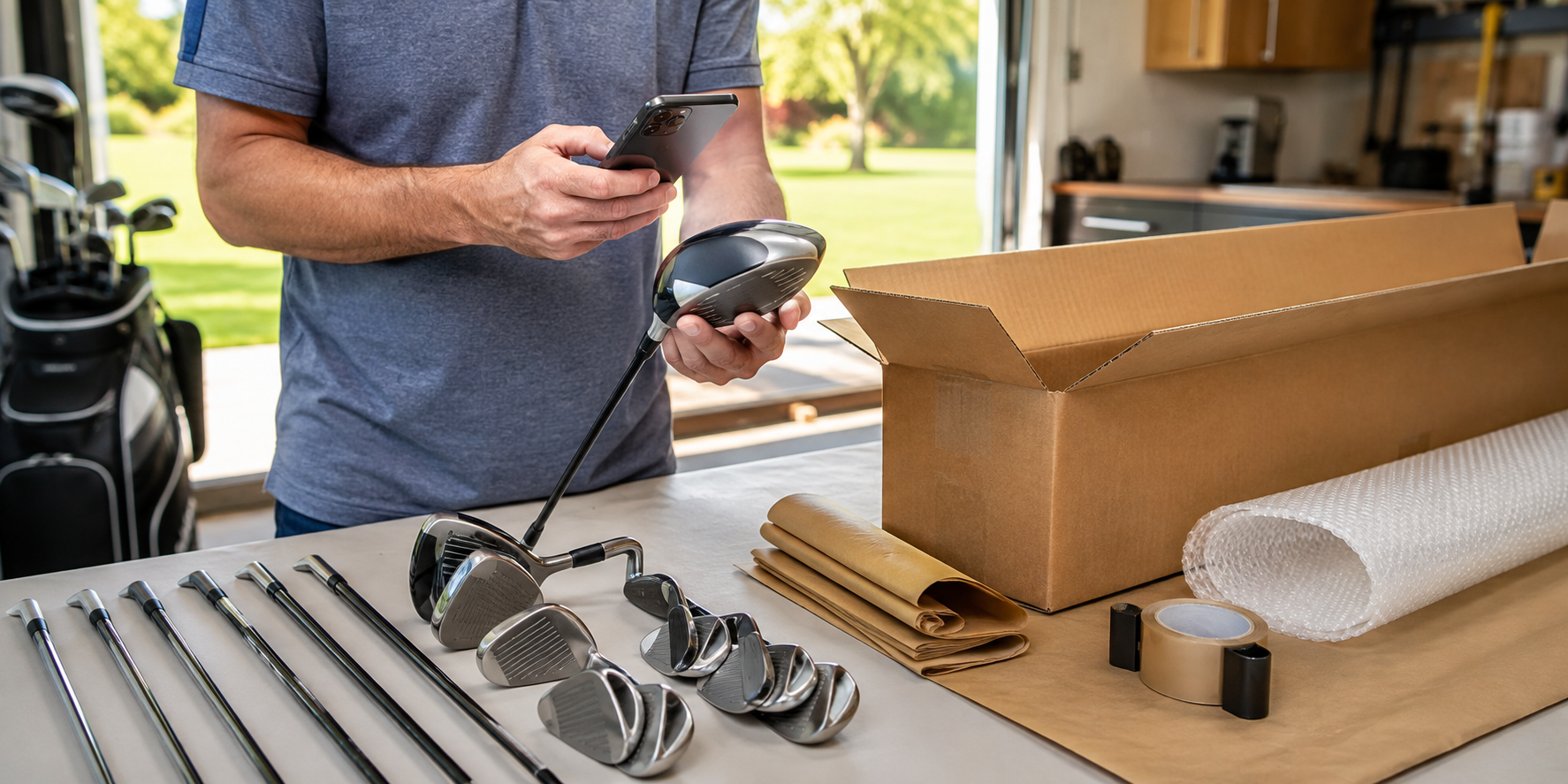 Golfer inspecting used golf clubs beside an open trade-in shipping box