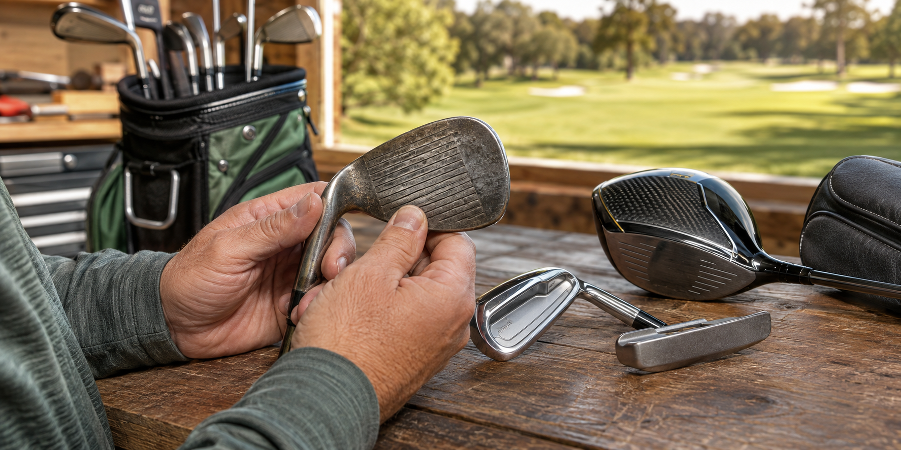 Golfer inspecting worn wedge grooves while deciding whether to replace golf clubs