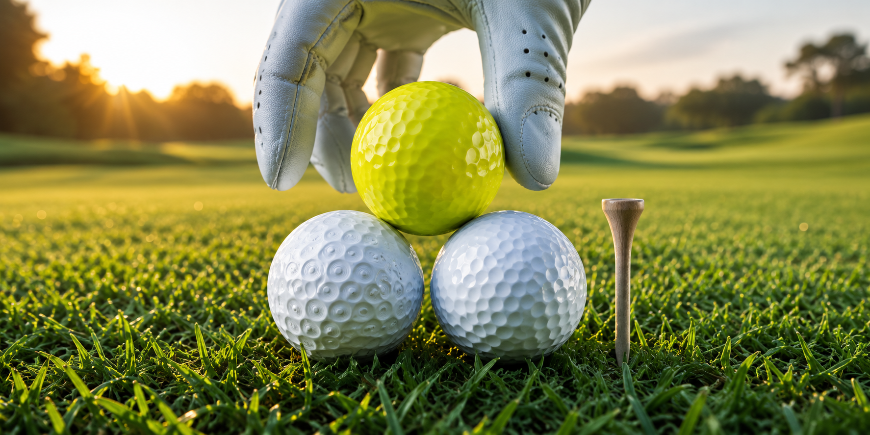 Three unbranded golf balls with different colors and dimple patterns beside a tee and gloved hand.