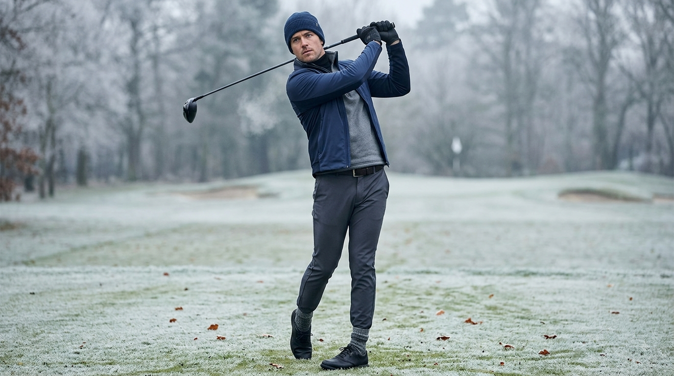 man swinging golf club in cold weather