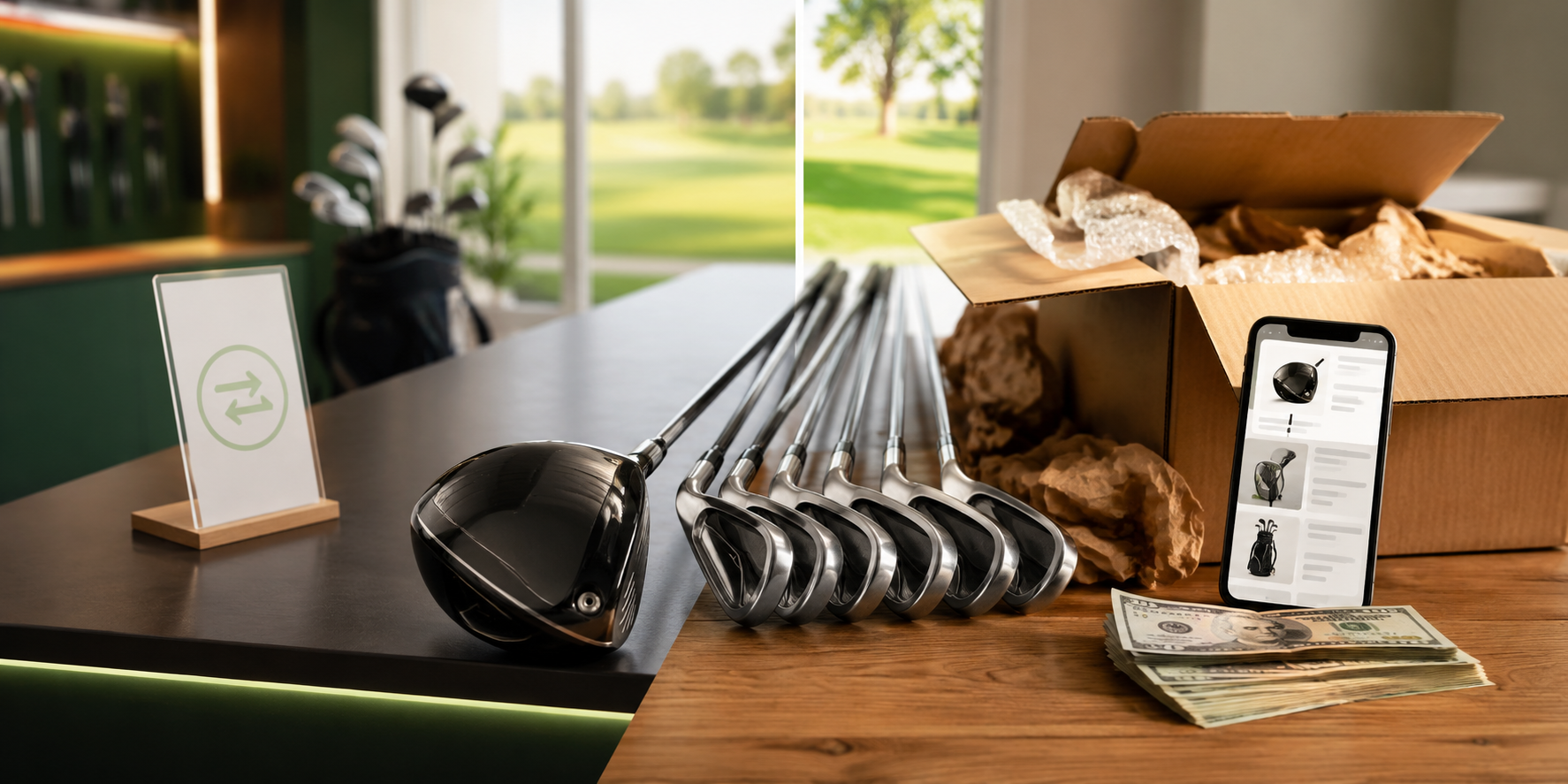 Used golf clubs beside a trade-in counter and a shipping box for a private sale