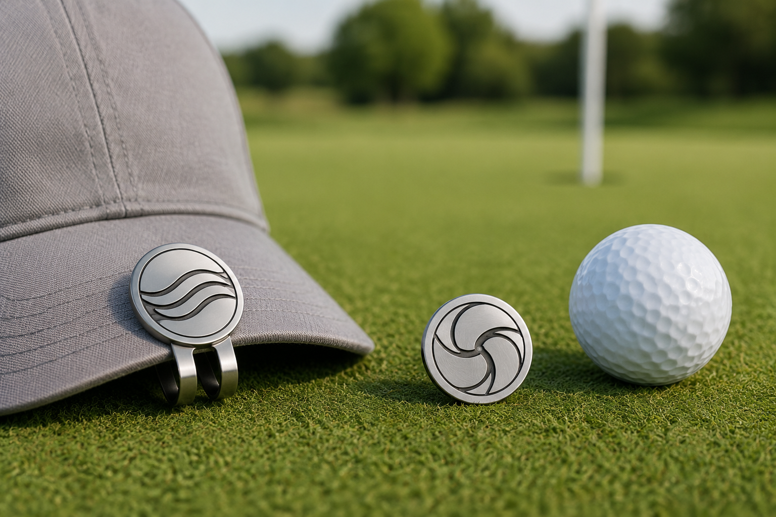 Custom magnetic golf ball marker on a hat clip with two matching markers beside a golf ball and putter.