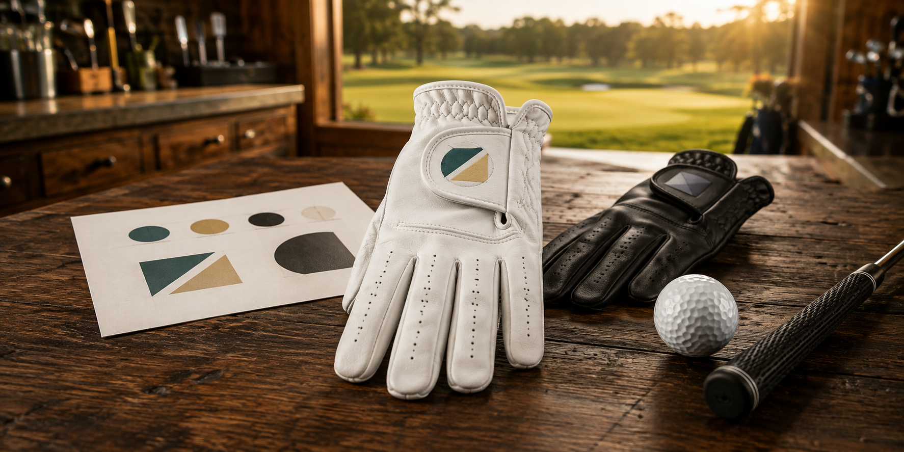 Personalized white and black golf gloves with abstract closure-tab designs beside a golf ball and artwork proof.