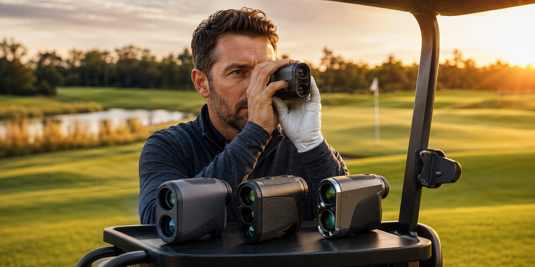 Golfer using a laser rangefinder beside three unbranded rangefinders representing different price tiers.