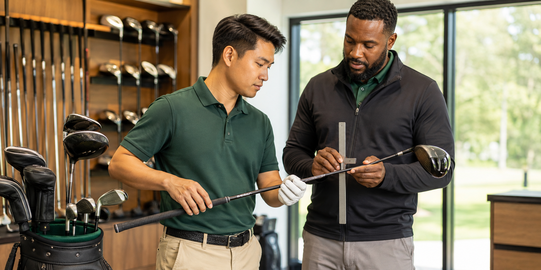Golfer and shop associate checking the shaft and length of a used driver before purchase.