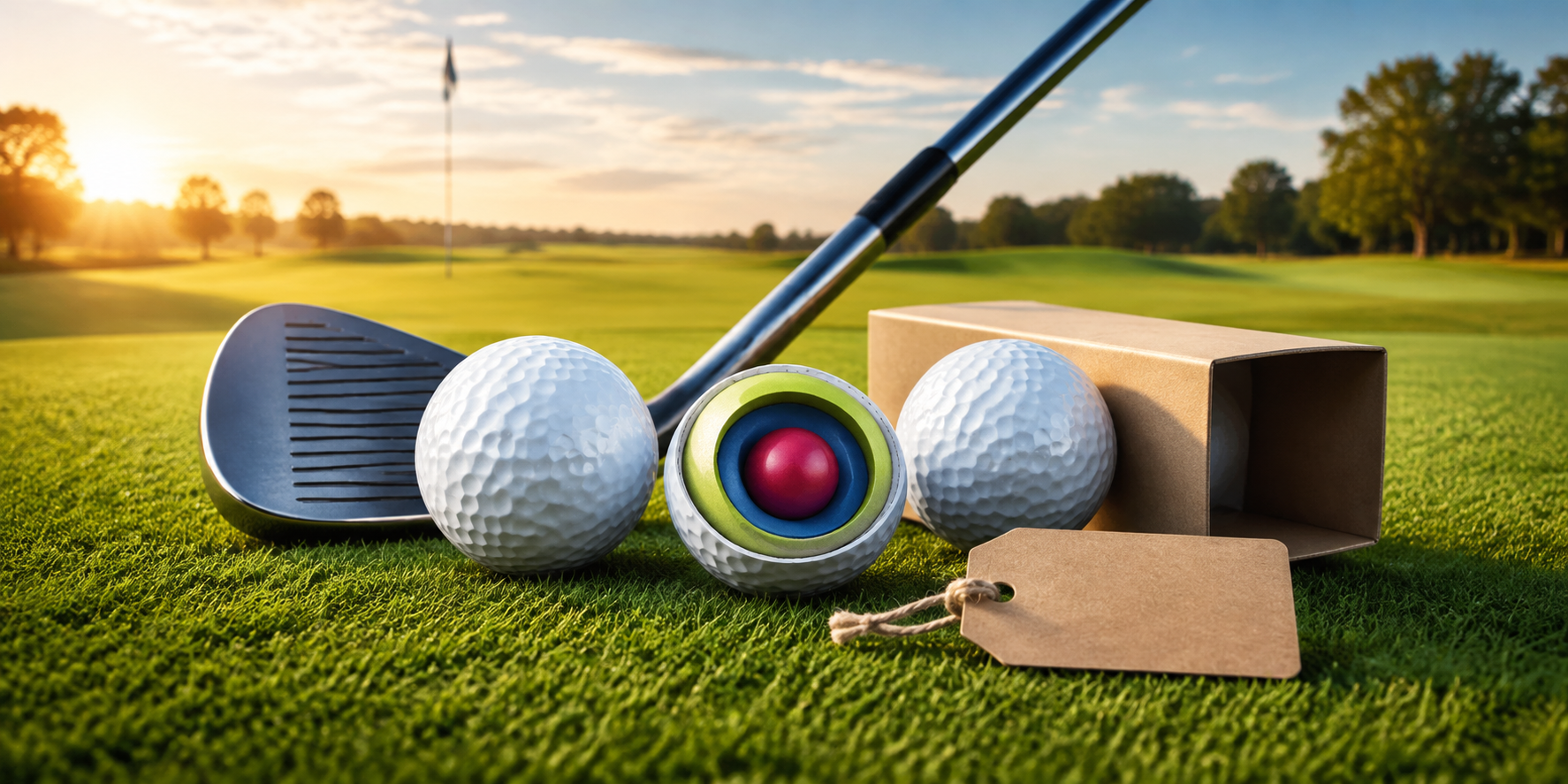 Three urethane golf balls, including a multilayer cutaway, beside a wedge and blank price tag on a putting green.
